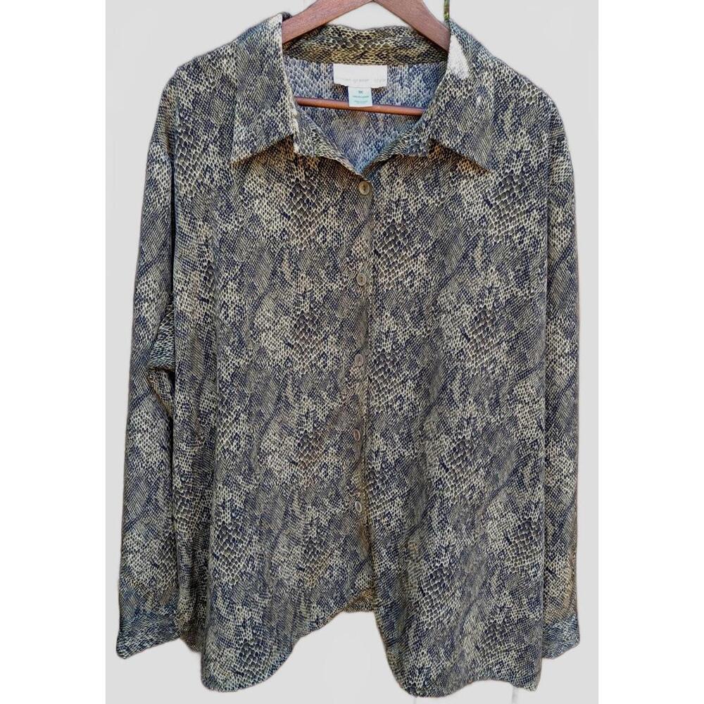 Susan Graver Women's 3XL Trendy Green Snakeskin Print Button-Up Shirt